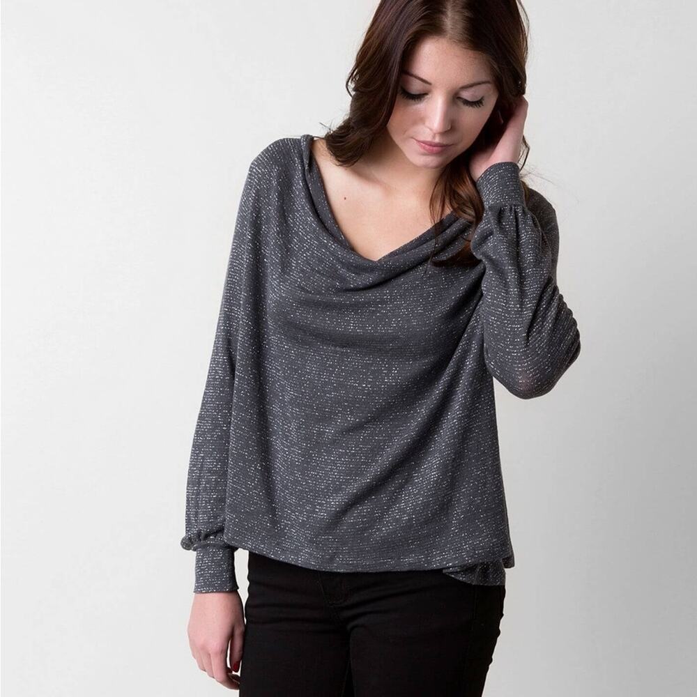 Free People Metallic Silver Weave Draped Cowl Neck Lightweight Knit Sweater M